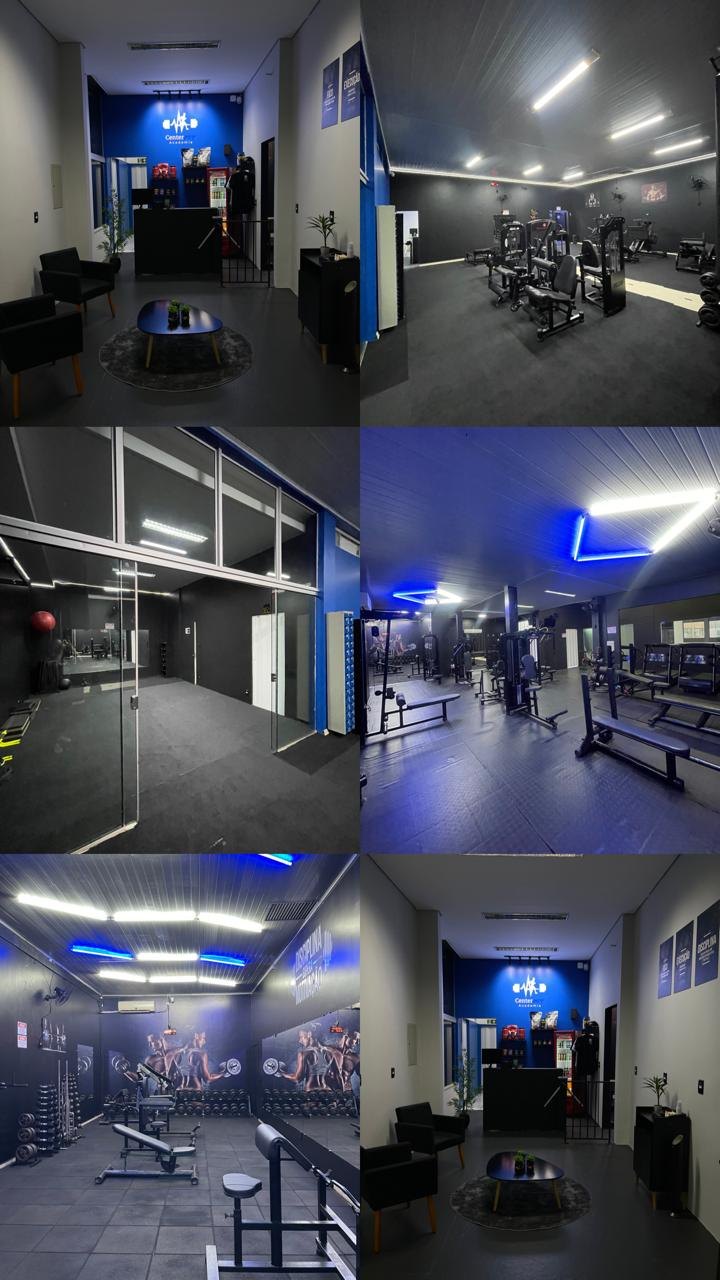Montagem com seis fotos dos ambientes da CenterFit: recepção, salas de musculação e área de treino